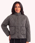 Women's dark gray quilted cotton jacket with stand collar, front zipper, and large patch pockets