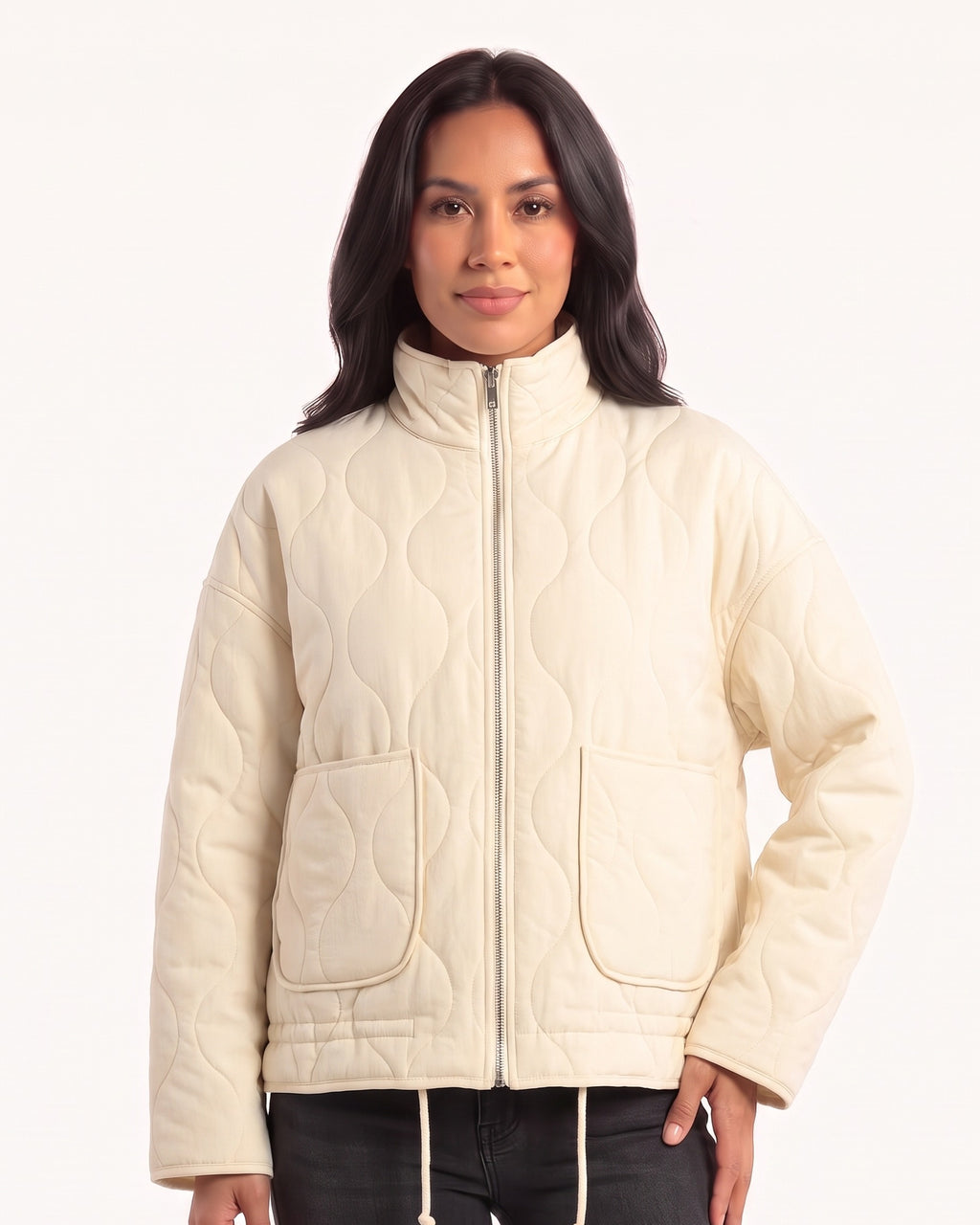 Women’s off-white quilted cotton jacket, zip-up stand collar, patch pockets