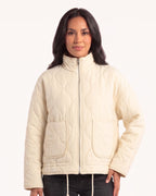 Women’s off-white quilted cotton jacket, zip-up stand collar, patch pockets