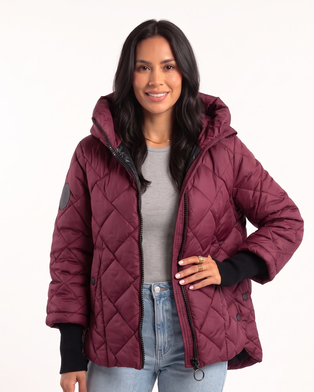 Burgundy quilted hooded puffer jacket with zip front and diamond stitching, snap pockets