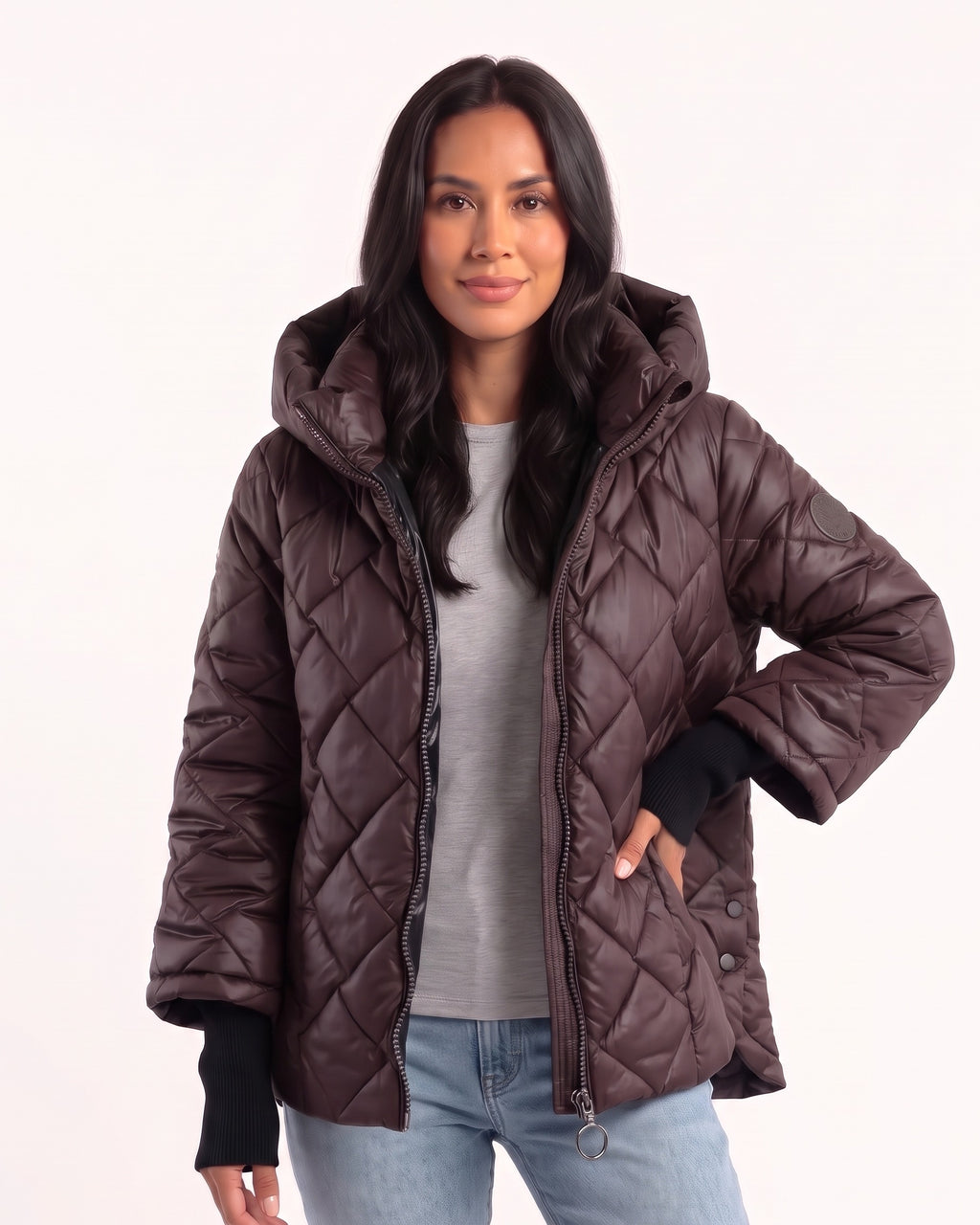 Dark brown quilted hooded puffer jacket with zip front and diamond pattern, snap pockets