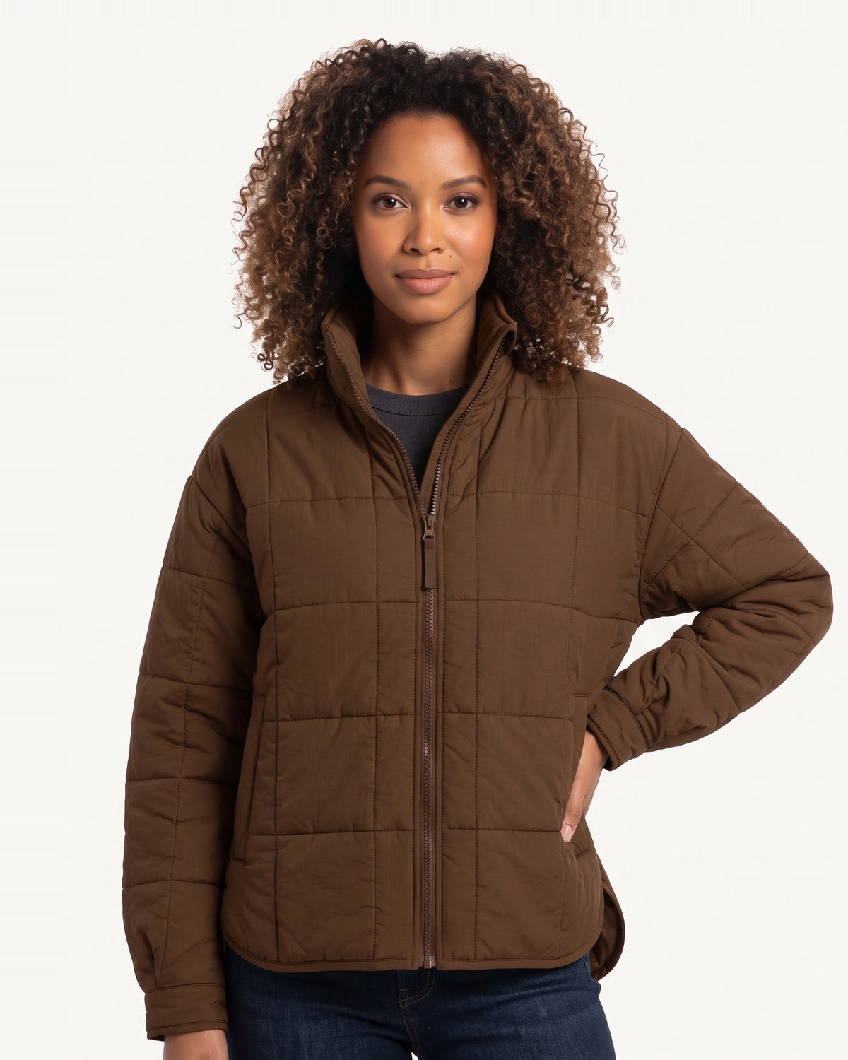 Dark brown lightweight quilted puffer jacket with stand collar and full-zip