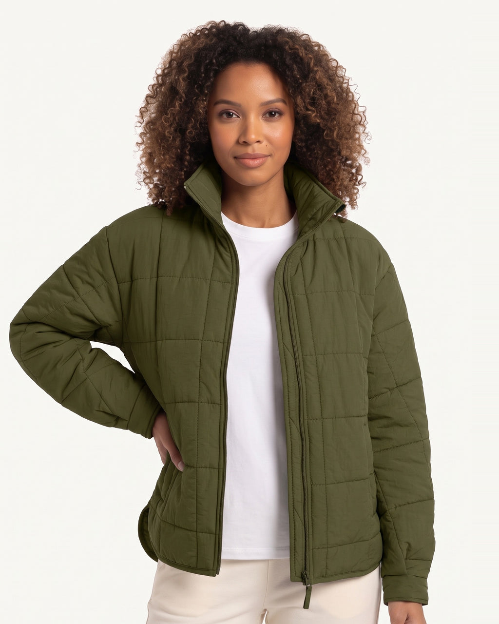 Dark green lightweight quilted puffer jacket, stand collar, full-zip with side pockets