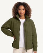Dark green lightweight quilted puffer jacket, stand collar, full-zip with side pockets