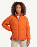 Orange lightweight quilted puffer jacket, stand collar, full-zip with side pockets