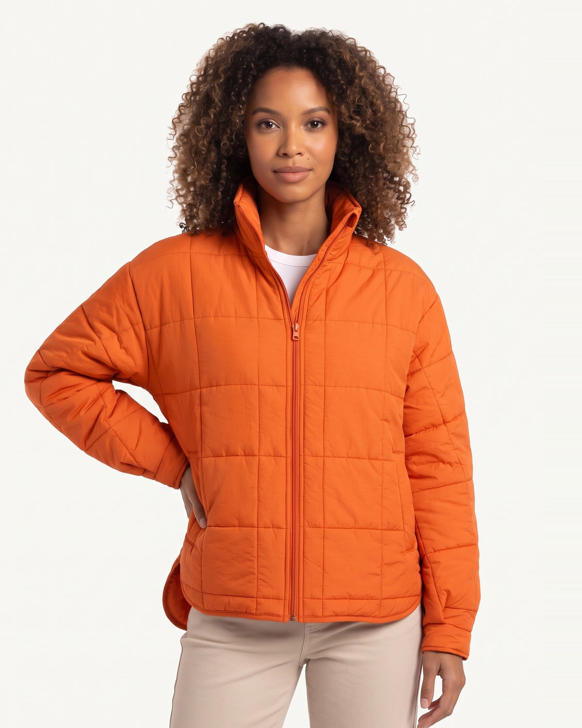 Orange lightweight quilted puffer jacket, stand collar, full-zip with side pockets