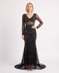 Black rhinestone mermaid evening gown with V-neck, long sheer sleeves, and mesh skirt