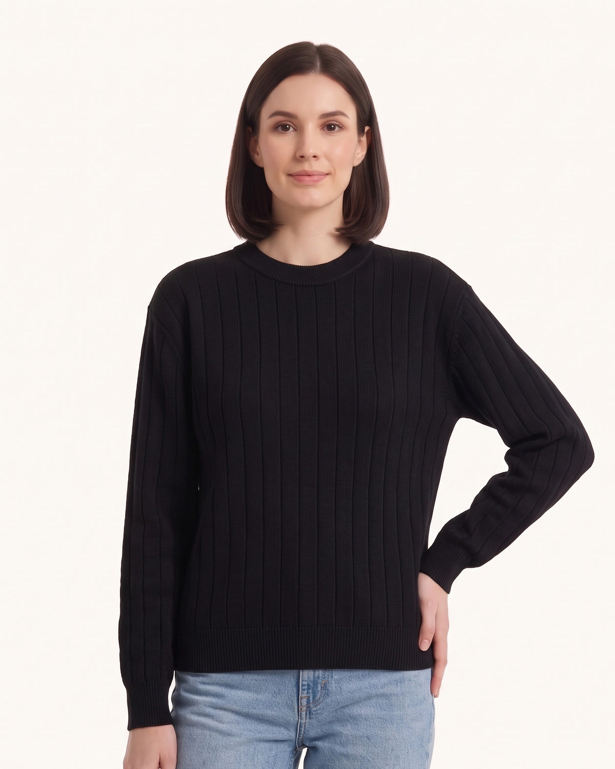 Black ribbed crew neck sweater with wide vertical knit ribs and banded cuffs
