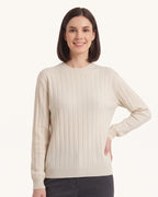 Cream ribbed crew-neck sweater with wide vertical knit and banded cuffs