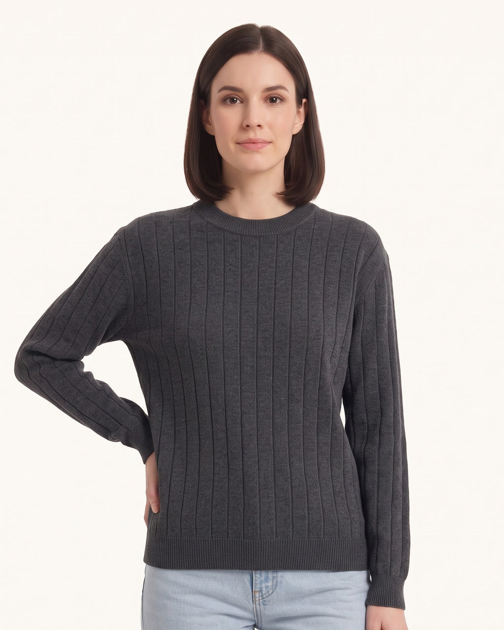 Dark gray ribbed crew-neck sweater with wide vertical knit and banded cuffs