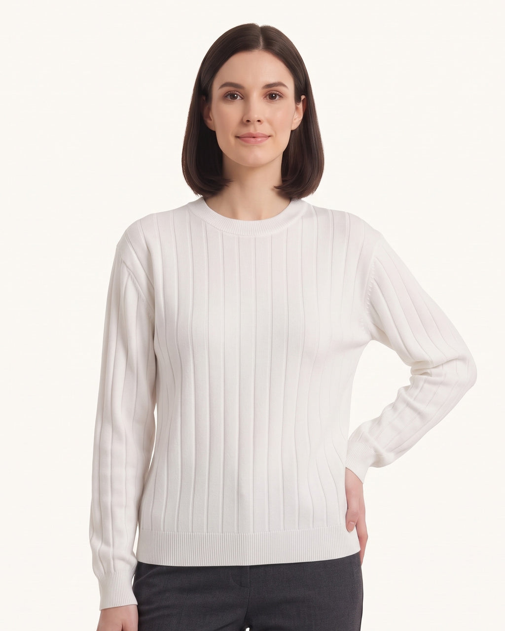 White ribbed crew-neck sweater with wide vertical knit and banded cuffs