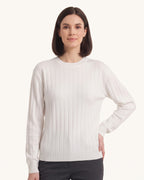 White ribbed crew-neck sweater with wide vertical knit and banded cuffs