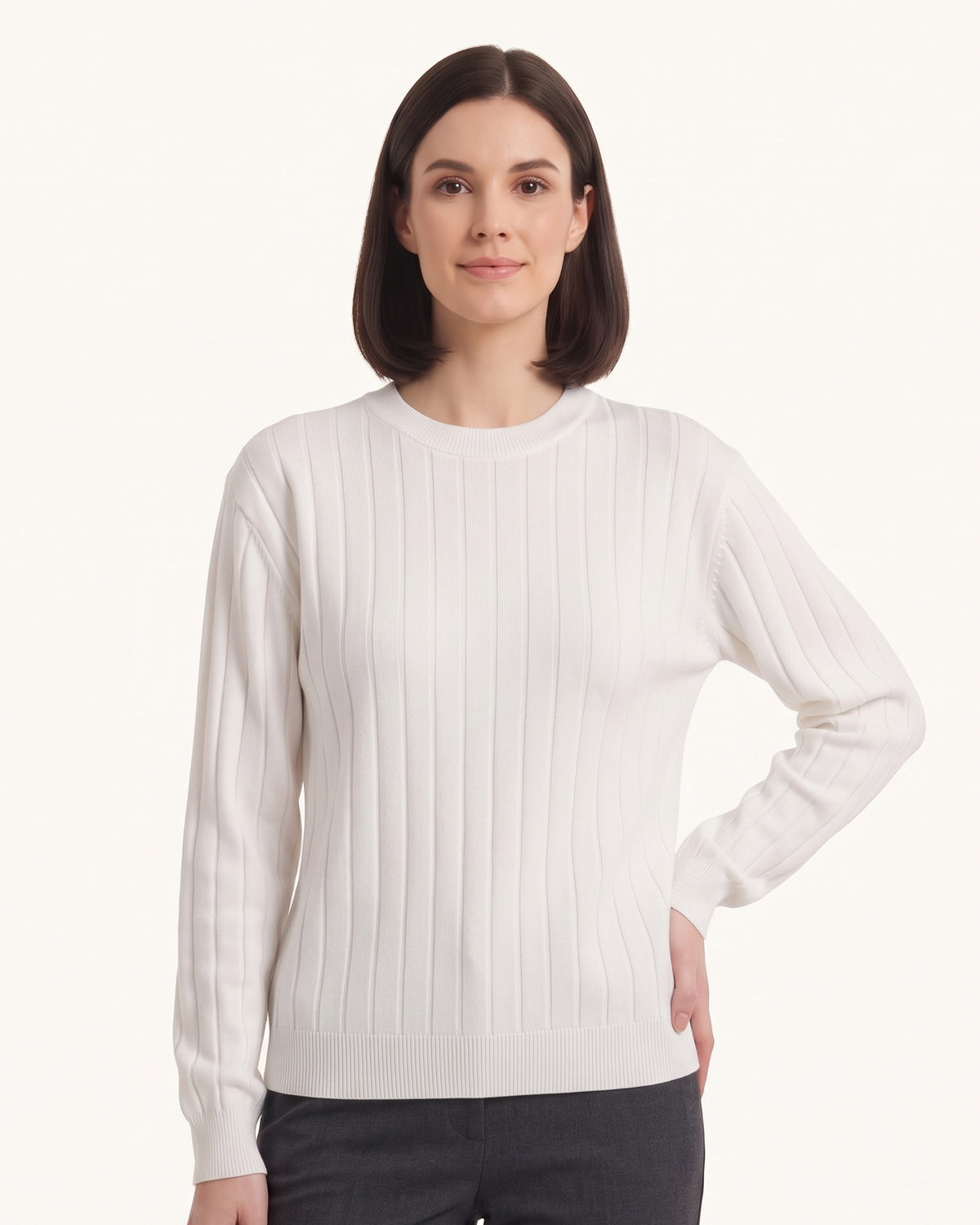 White ribbed crew-neck sweater with wide vertical knit and banded cuffs