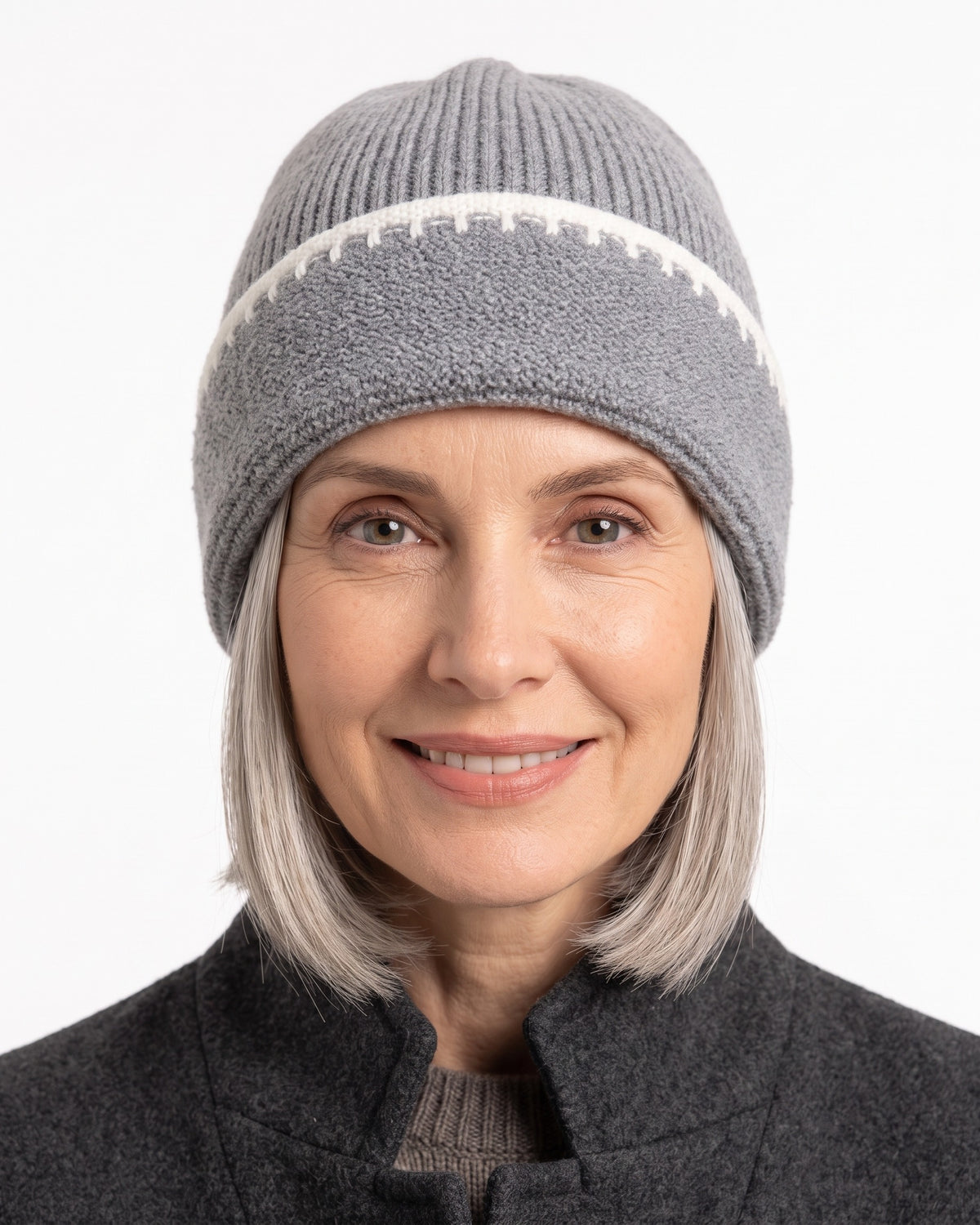 Gray ribbed knit beanie with white contrast stitch trim and folded cuff