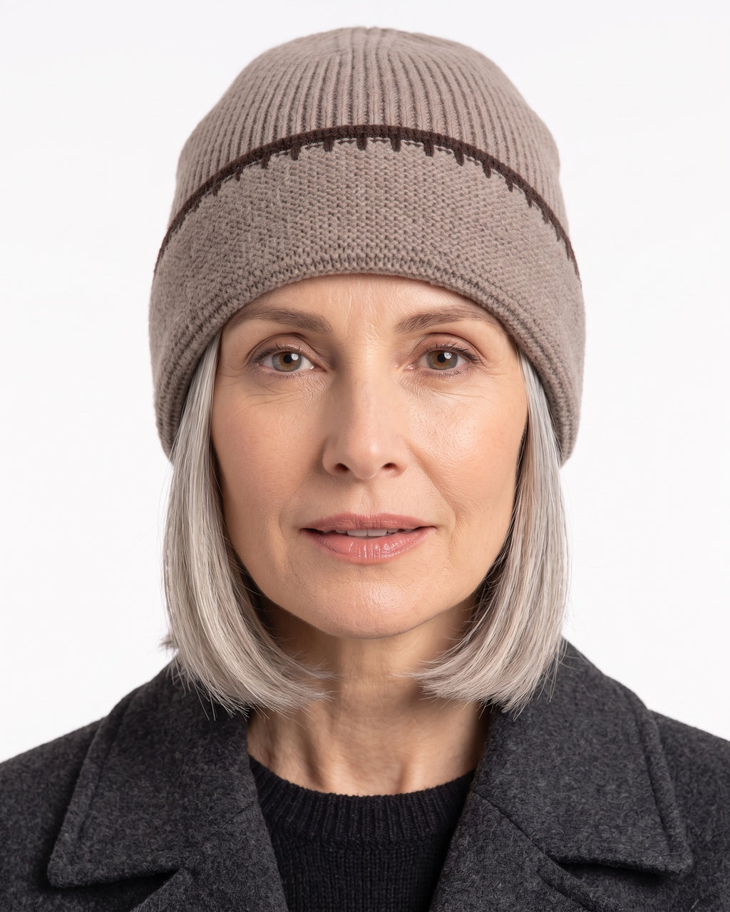 Taupe ribbed knit beanie with dark contrast stitch trim and folded cuff