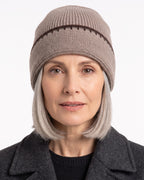 Taupe ribbed knit beanie with dark contrast stitch trim and folded cuff