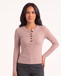 Women's ribbed henley long-sleeve knit top with tortoiseshell buttons, pink