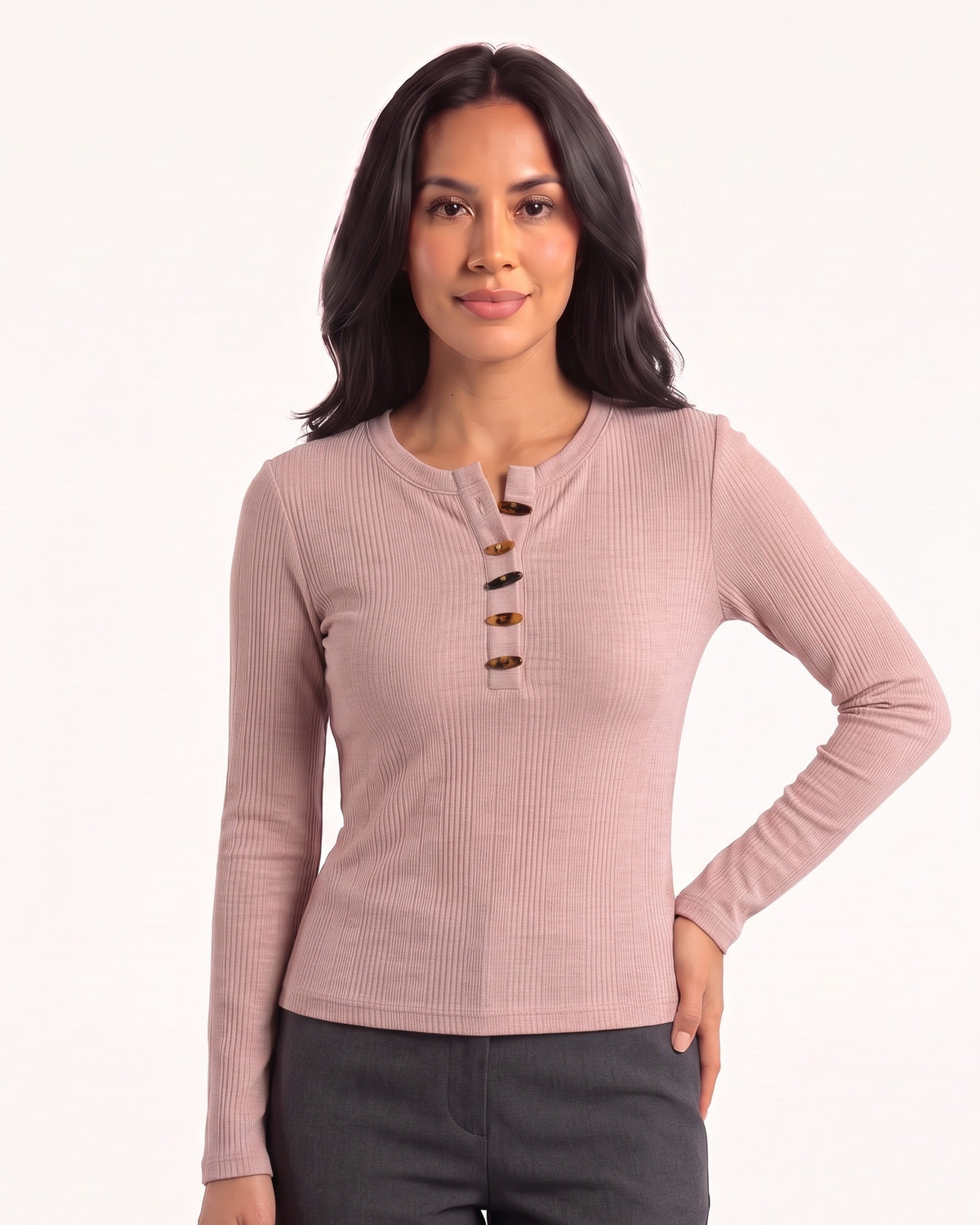 Women's ribbed henley long-sleeve knit top with tortoiseshell buttons, pink