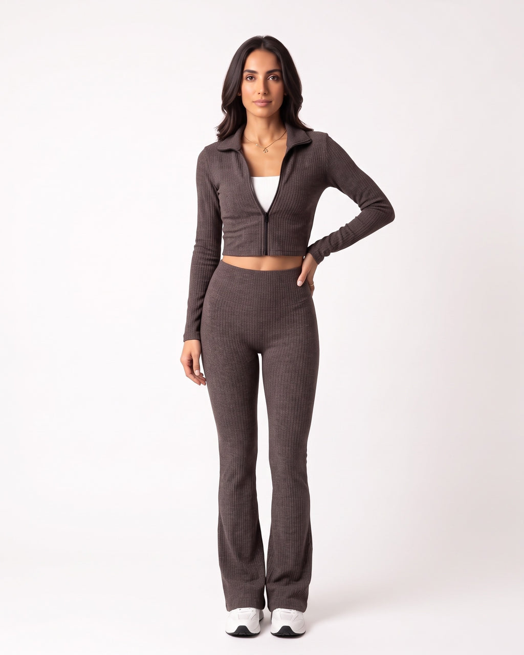Charcoal taupe ribbed knit lounge set with cropped zip jacket and high-waist flare pants.