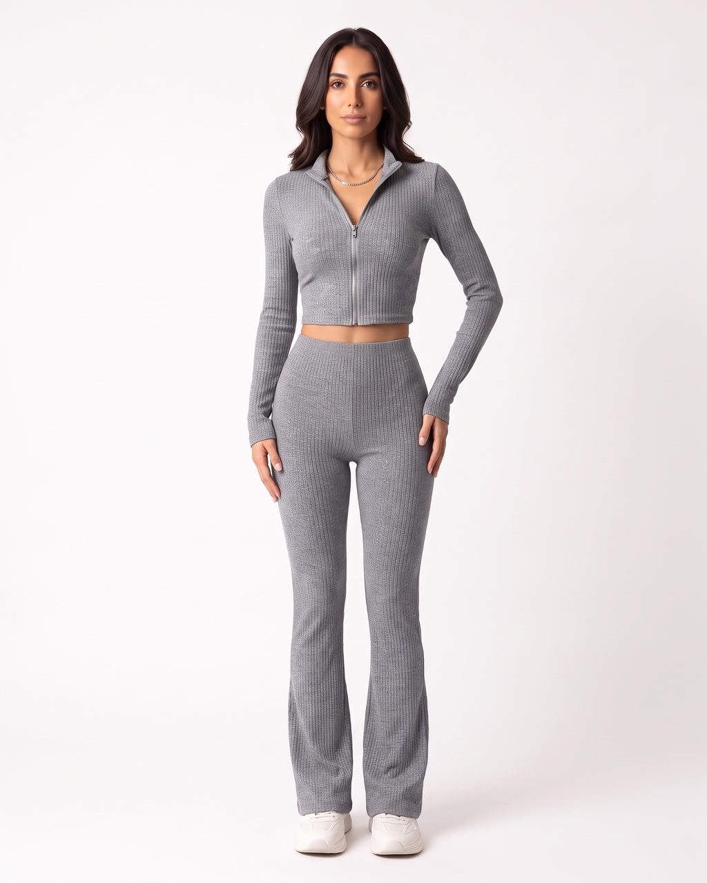 Gray ribbed knit lounge set with cropped zip jacket and high-waist flared pants