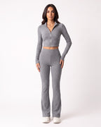 Gray ribbed knit lounge set with cropped zip jacket and high-waist flared pants