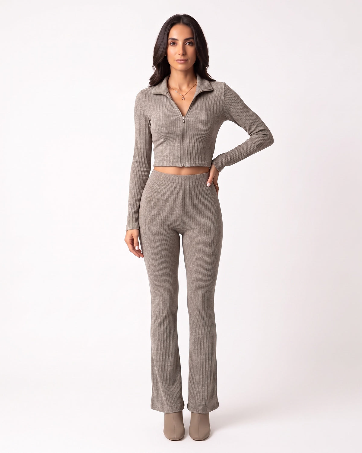 Taupe ribbed knit lounge set with cropped zip jacket and high-waist flare pants.