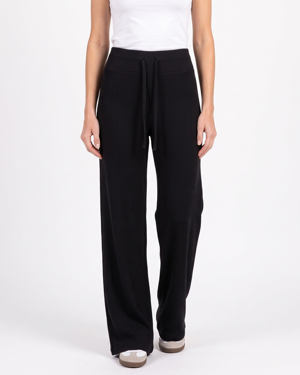 Women’s ribbed knit wide-leg lounge pants, black with high waist drawstring