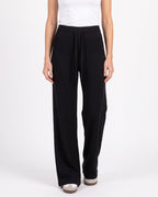 Women’s ribbed knit wide-leg lounge pants, black with high waist drawstring
