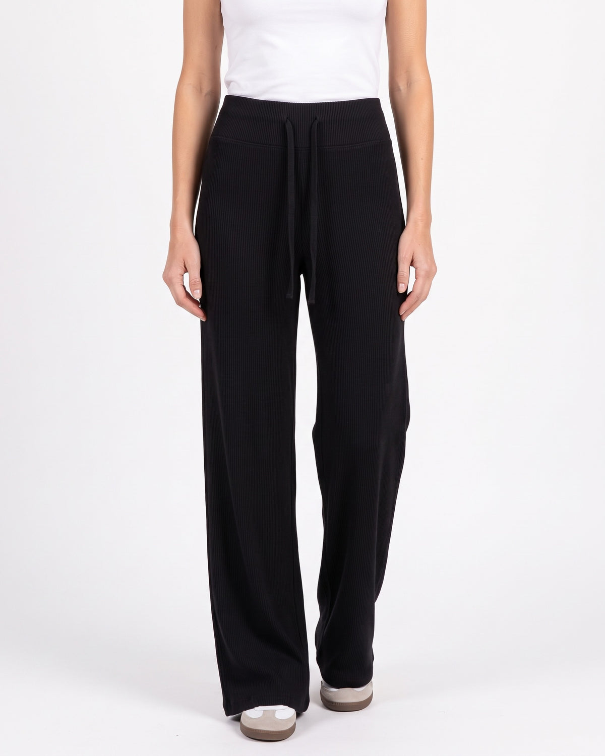 Women’s ribbed knit wide-leg lounge pants, black with high waist drawstring