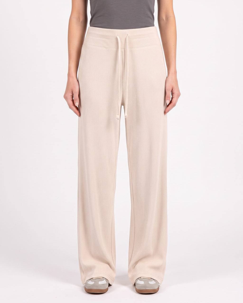 Women’s ribbed knit wide-leg lounge pants, light cream with drawstring waistband