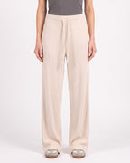 Women’s ribbed knit wide-leg lounge pants, light cream with drawstring waistband