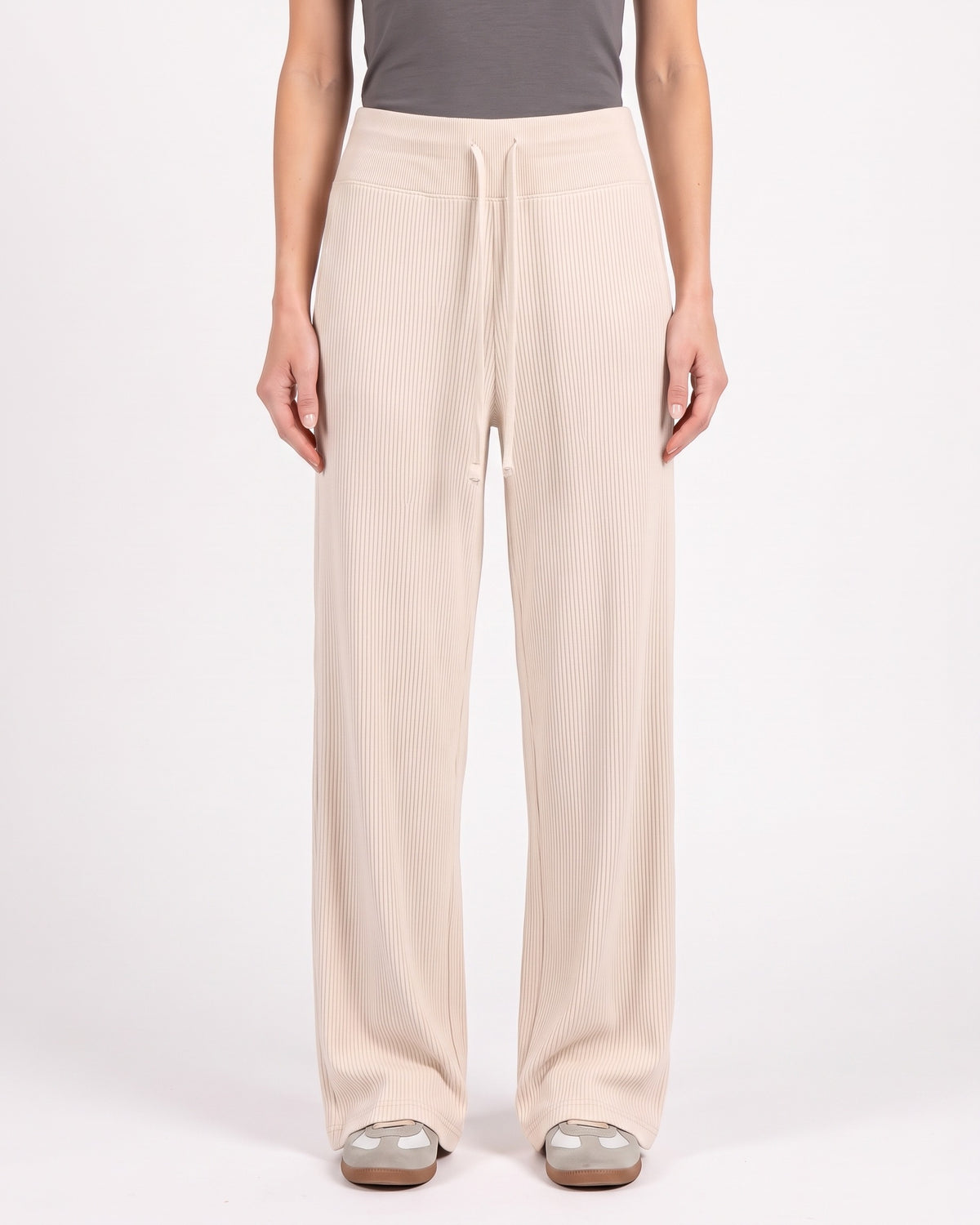 Women’s ribbed knit wide-leg lounge pants, light cream with drawstring waistband