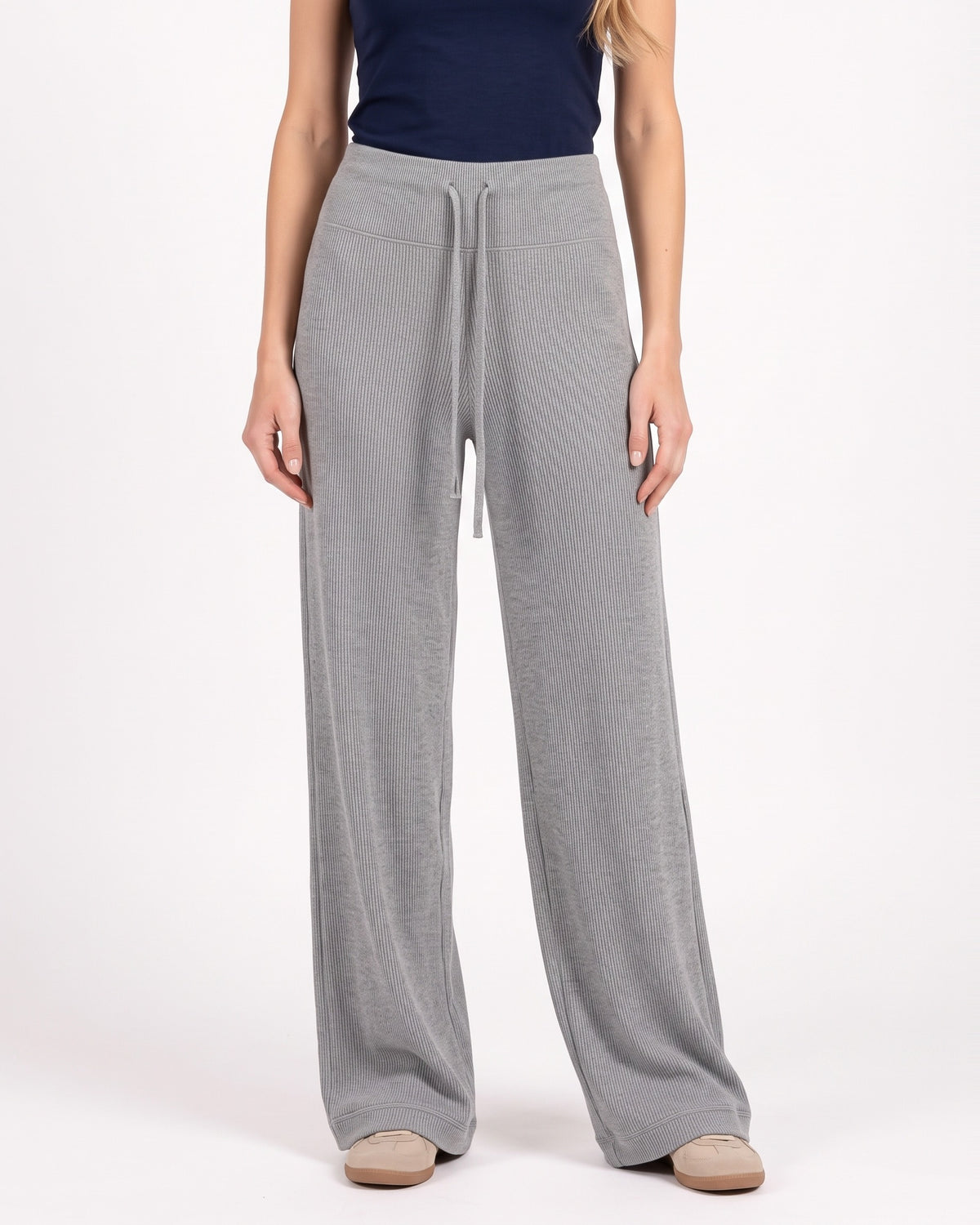 Women’s ribbed knit wide-leg lounge pants, heather gray with drawstring waist