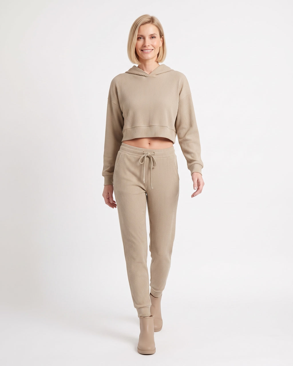 Beige cropped hoodie with kangaroo pocket and matching drawstring jogger pants set