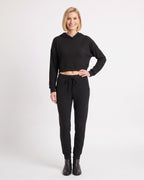 Black cropped hoodie with kangaroo pocket and matching drawstring jogger pants set