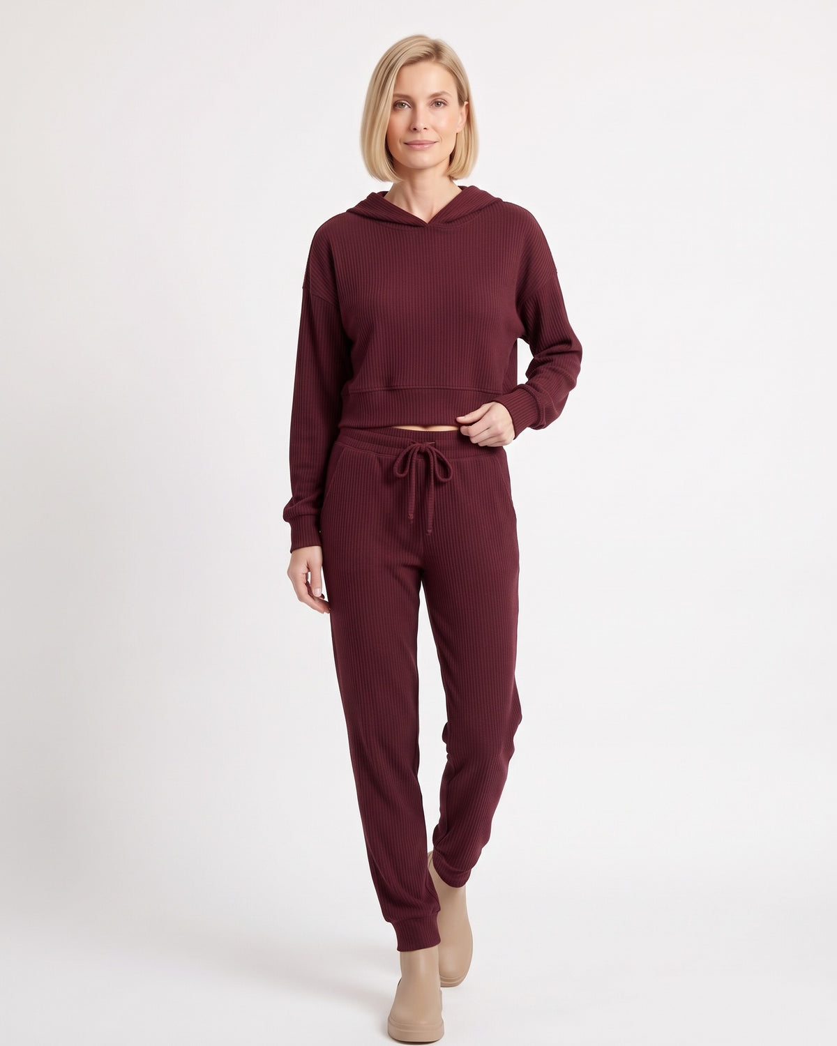 Burgundy cropped hoodie with kangaroo pocket and matching drawstring jogger pants set