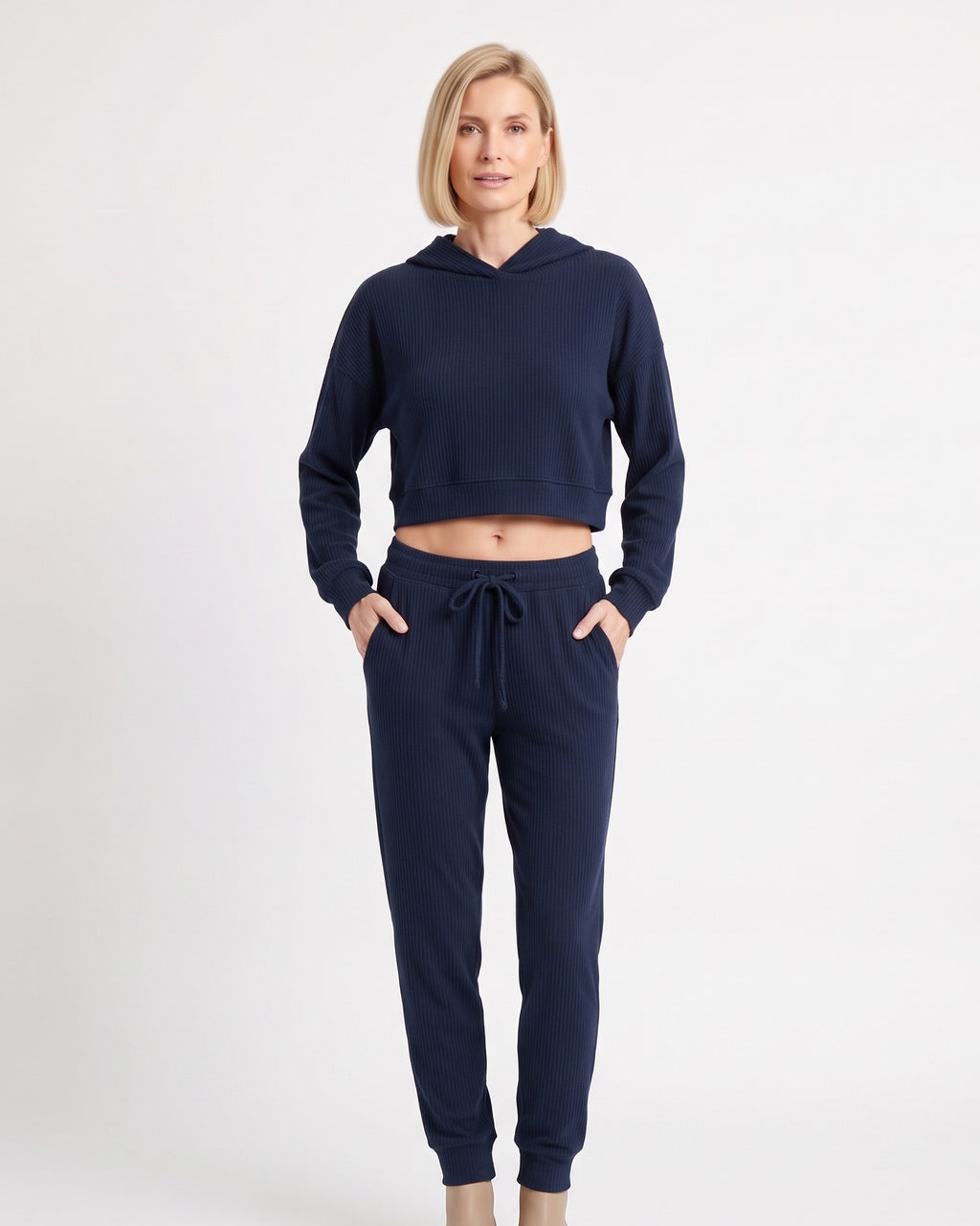 Navy cropped hoodie with kangaroo pocket and matching drawstring jogger pants set