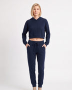 Navy cropped hoodie with kangaroo pocket and matching drawstring jogger pants set