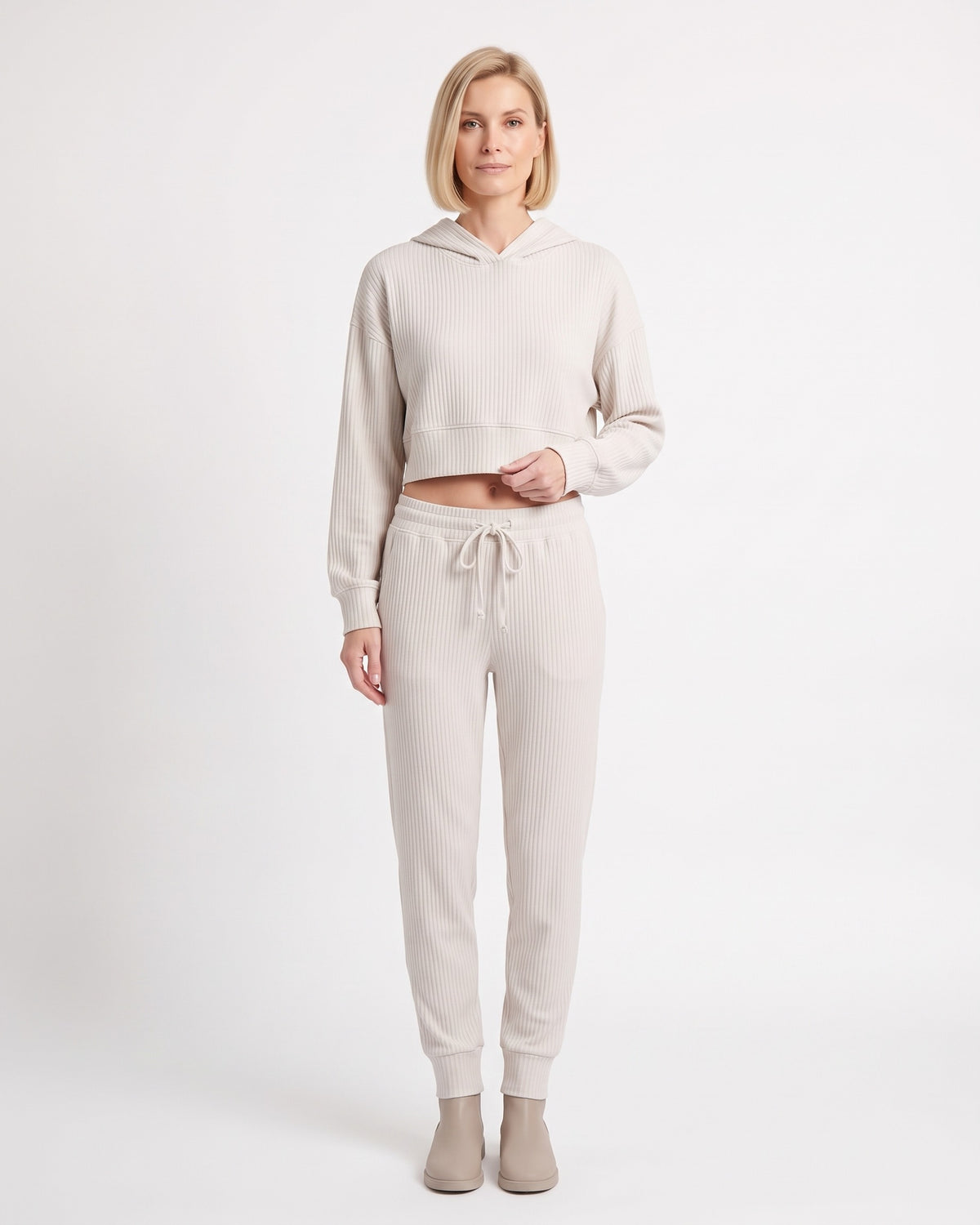 White cropped hoodie with kangaroo pocket and matching drawstring jogger pants set