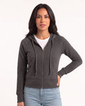 Dark gray ribbed zip-up hoodie with drawstring hood and front pockets, long sleeves