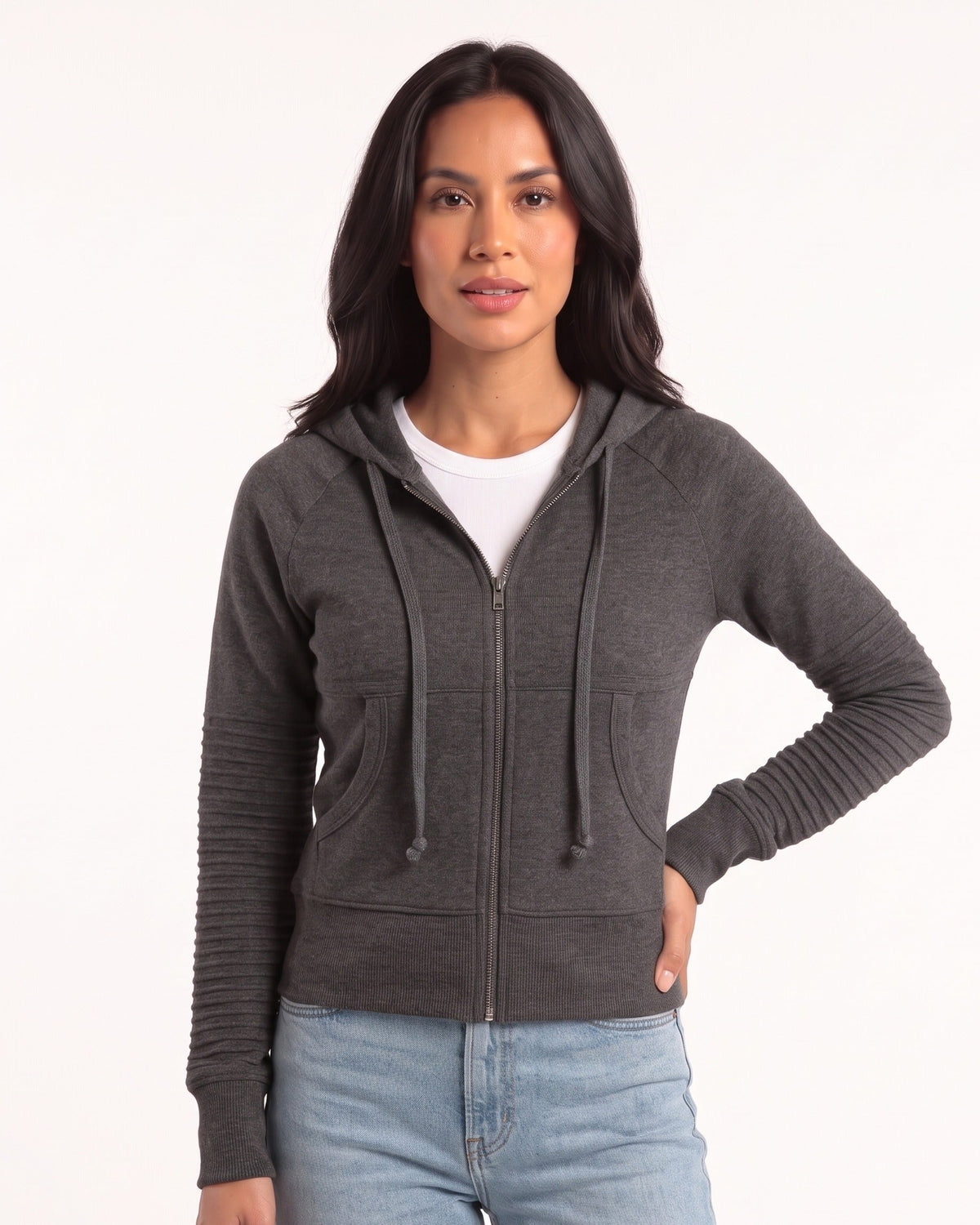 Dark gray ribbed zip-up hoodie with drawstring hood and front pockets, long sleeves