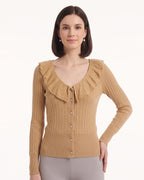 Camel knit cardigan with ruffle V-neck collar, button front, long sleeves