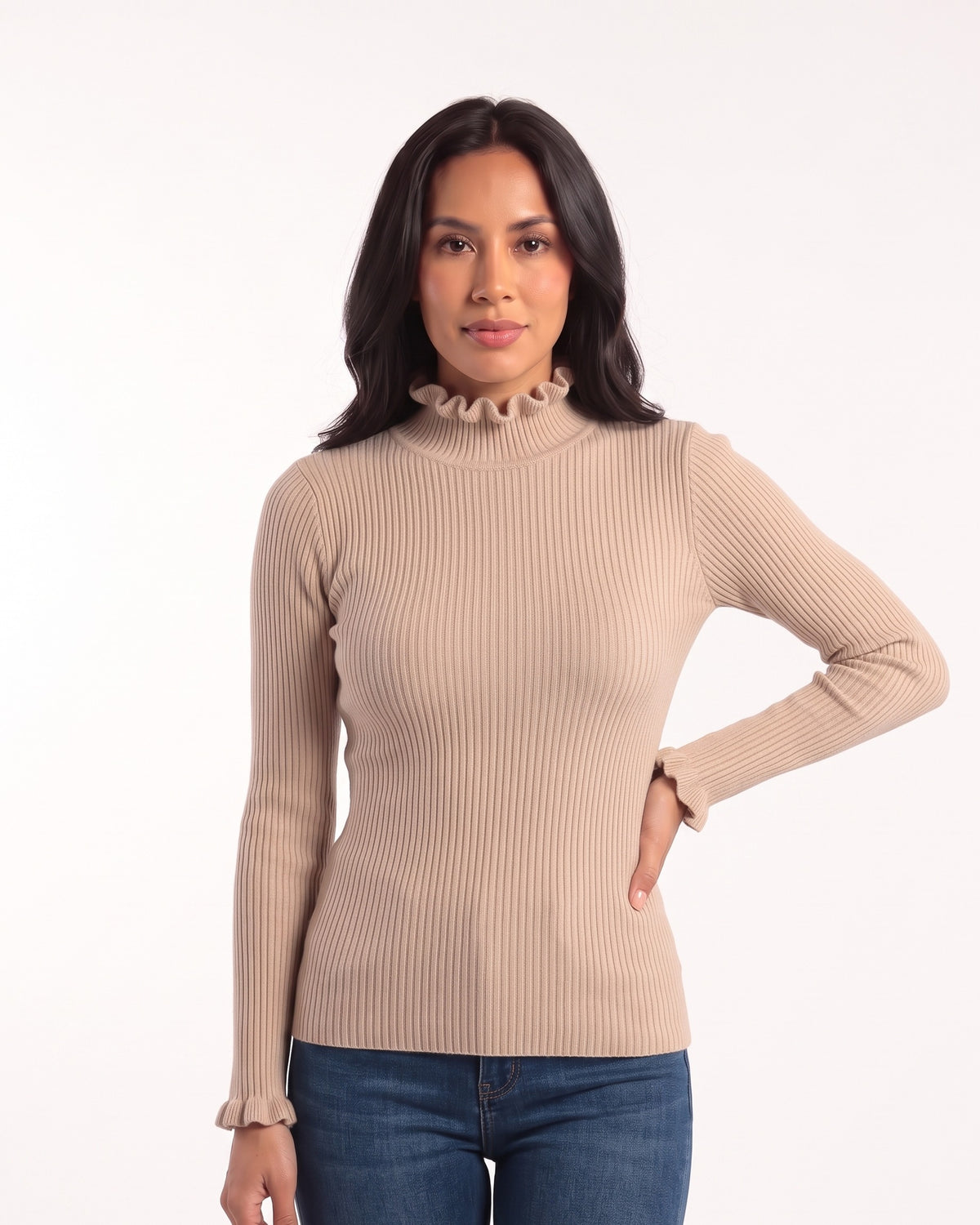 Beige ribbed mock neck sweater with ruffle cuffs, slim fit