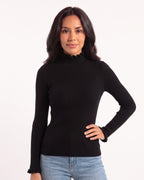 Black ribbed mock neck sweater with ruffle cuffs, slim fit
