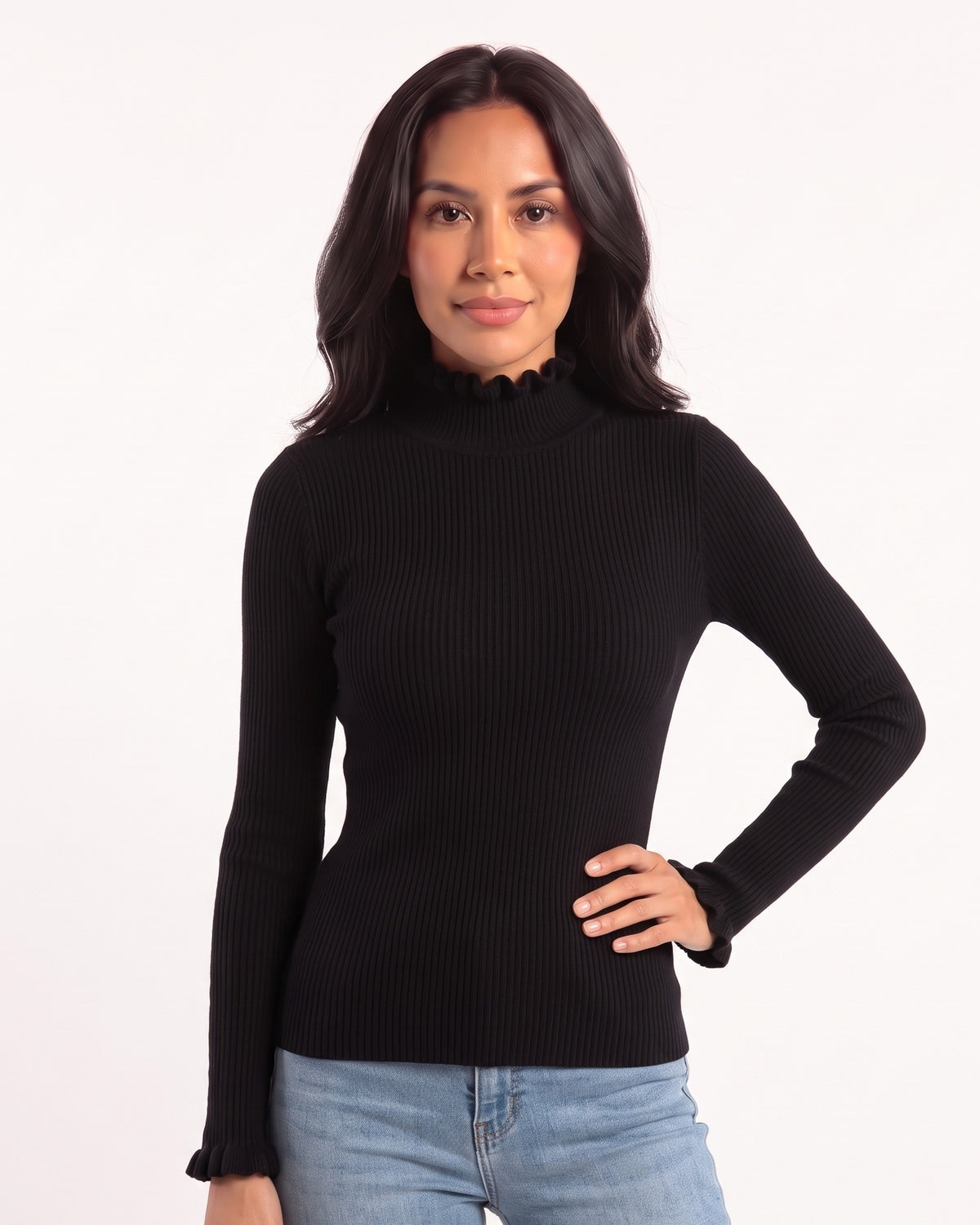 Black ribbed mock neck sweater with ruffle cuffs, slim fit