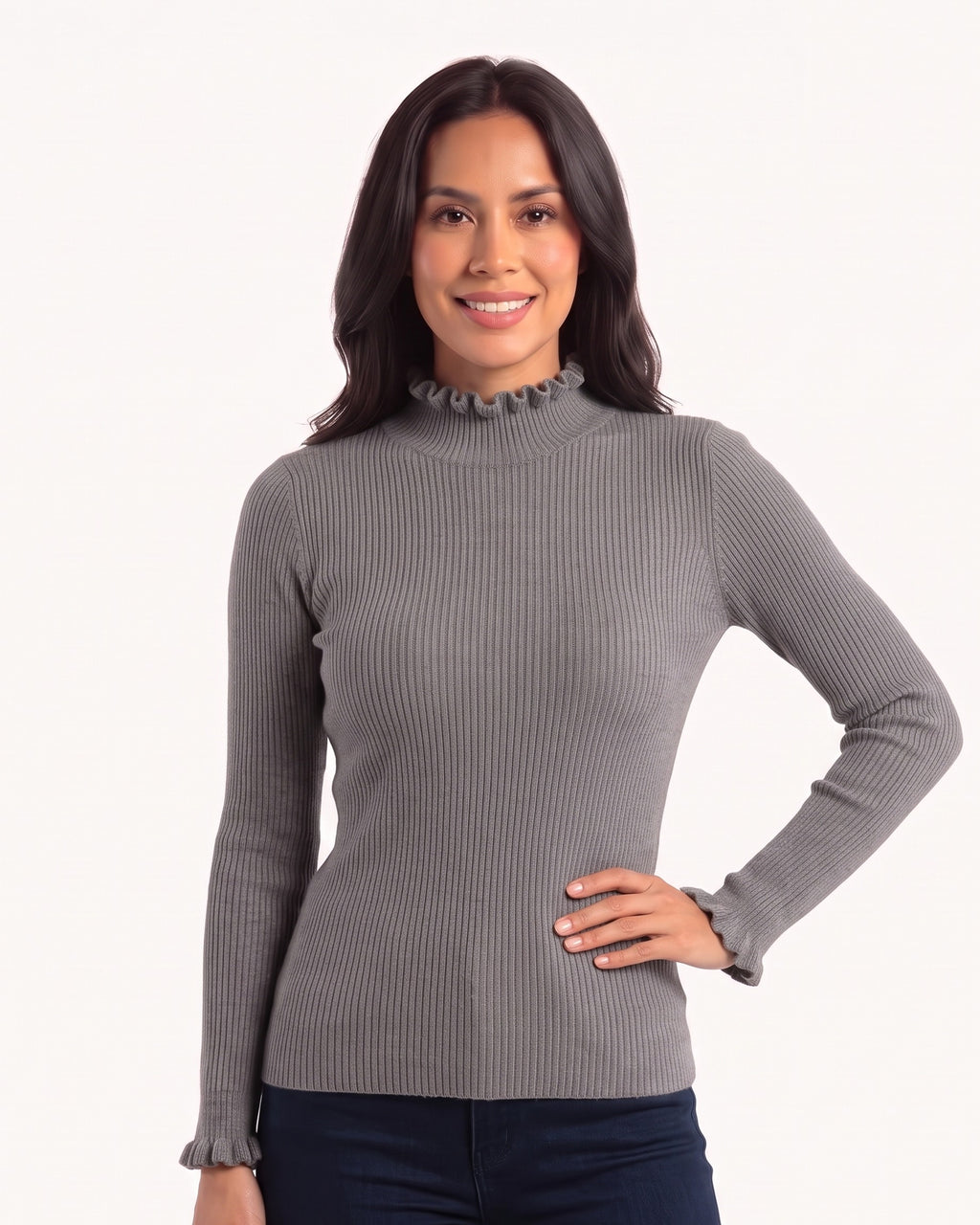 Gray ribbed mock neck sweater with ruffle cuffs, slim fit