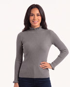 Gray ribbed mock neck sweater with ruffle cuffs, slim fit