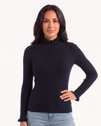 Navy ribbed mock neck sweater with ruffle cuffs, slim fit