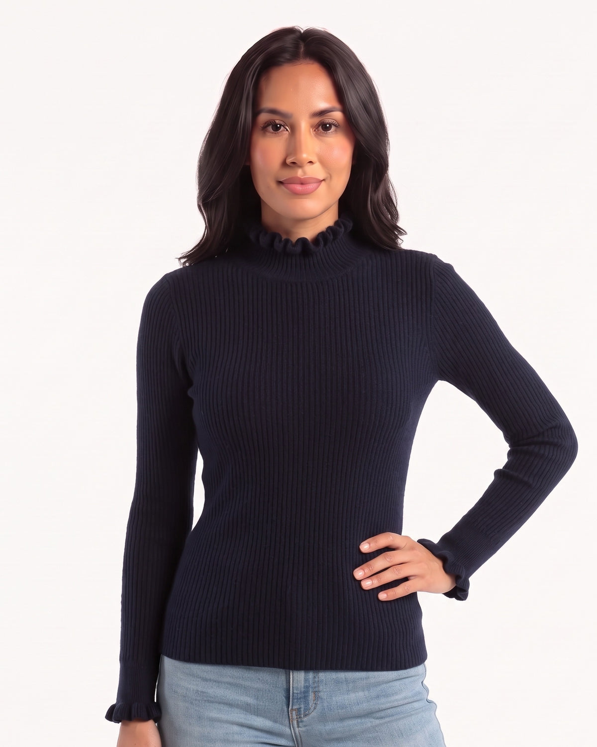 Navy ribbed mock neck sweater with ruffle cuffs, slim fit