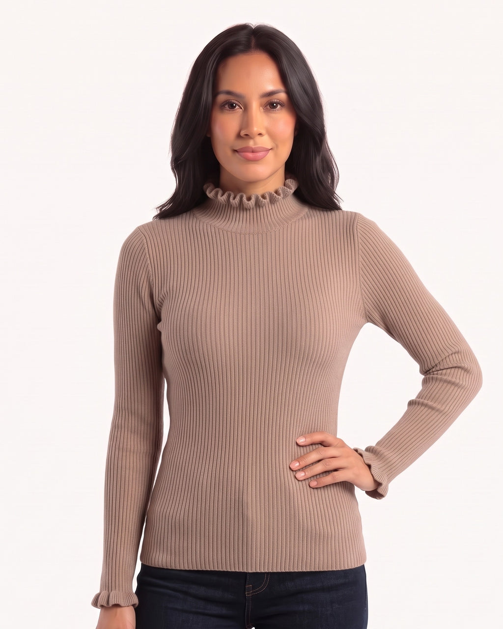 Taupe ribbed mock neck sweater with ruffle cuffs, slim fit